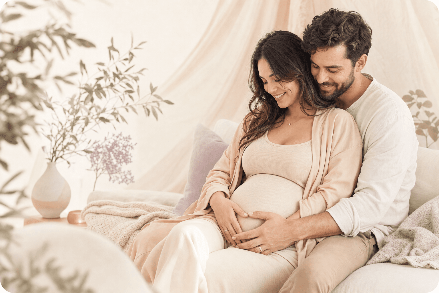 Expecting parents sharing a calm supportive pregnancy moment in a warm cream room